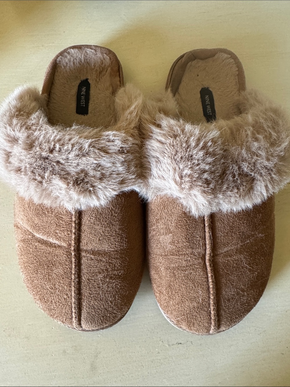 Nine West Brown Faux Suede Slide Slippers with Plush Fur Collar
